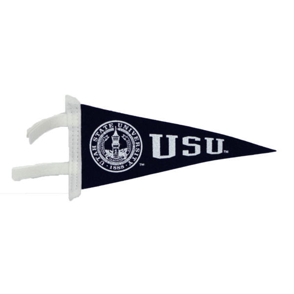 A penant with the Old Main Logo and the acronym USU.